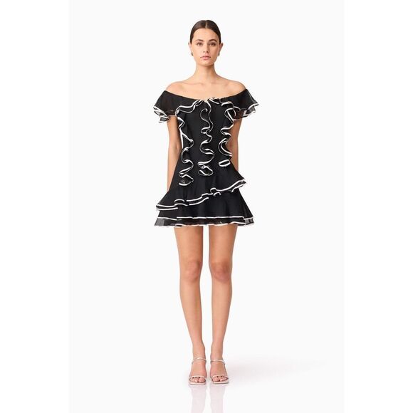 ELLIATT Melissa Tiered Mini Dress Black Wedding Guest Cocktail Party size S NWT - Picture 4 of 6